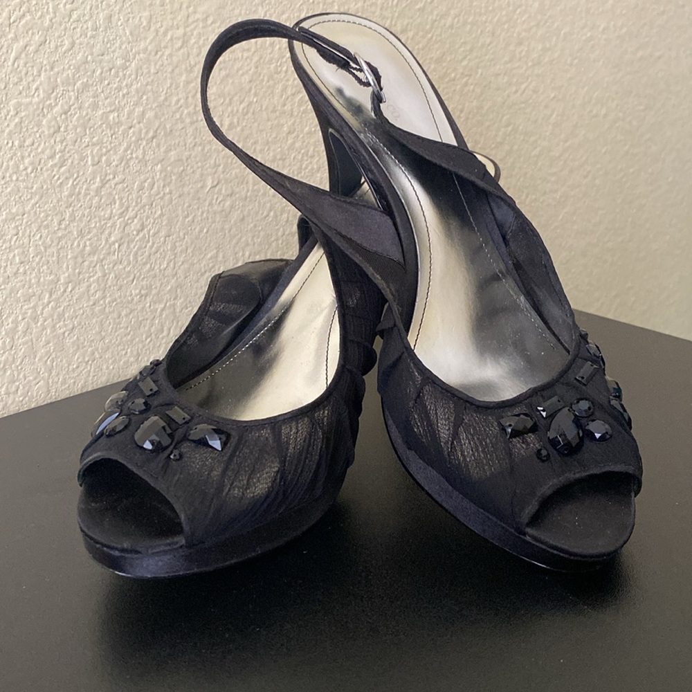 Style and co embellished open toe heel ankle strap black pumps